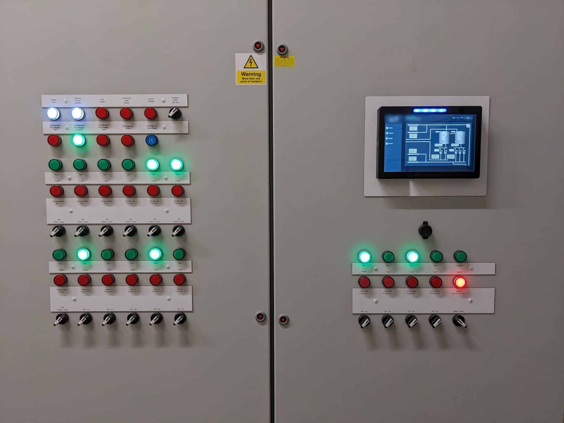 Control panel door with run and fault indicators, hand-off-auto selectors and a touchscreen showing the plant layout