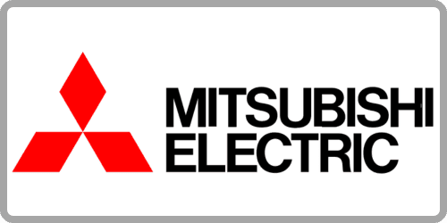 Mitsubishi Electric logo for industrial automation, featuring MELSEC PLCs (Q-Series, iQ-R, iQ-F, FX1/2/3/5), SSCNET servo systems, GOT1000/2000 HMIs, CC-Link IE Field network integration, GX Works programming software, and safety controllers (QSCPU).