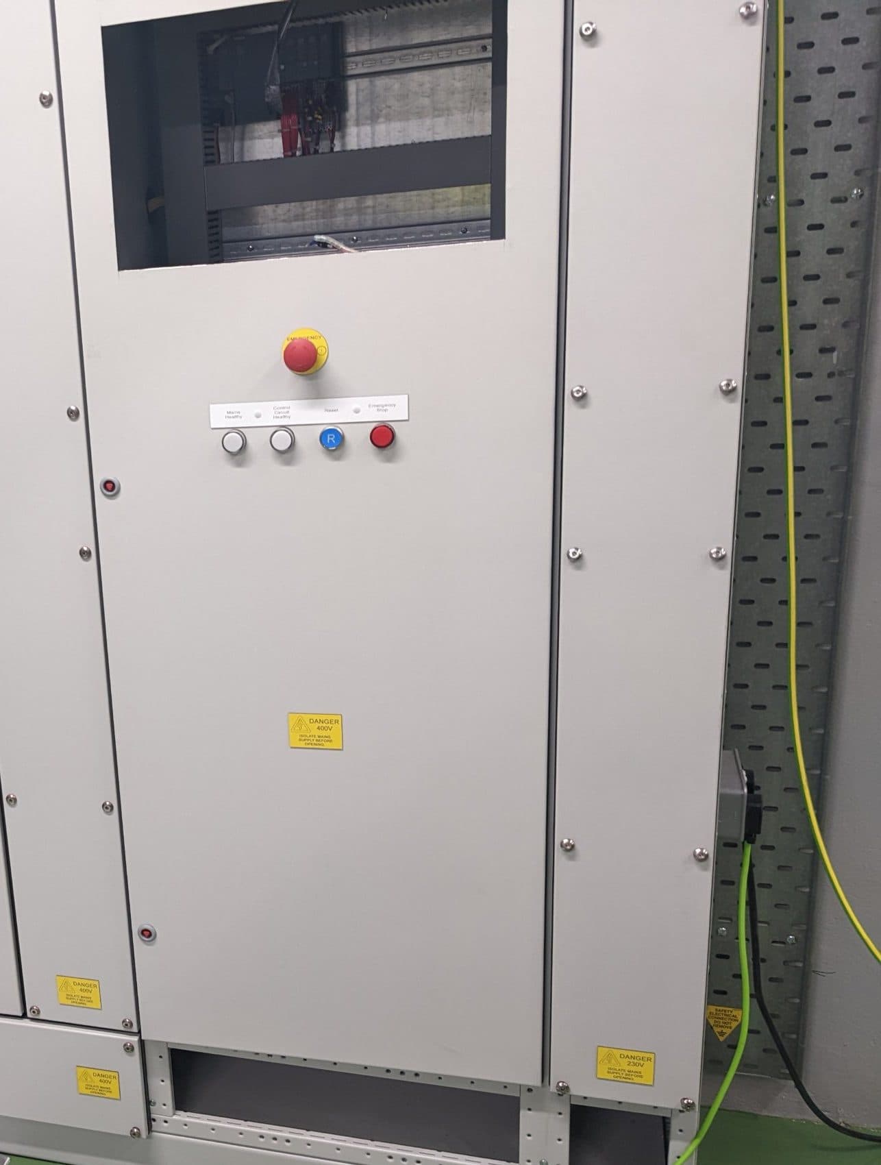 Process control panel with emergency stop, healthy indicators and reset button