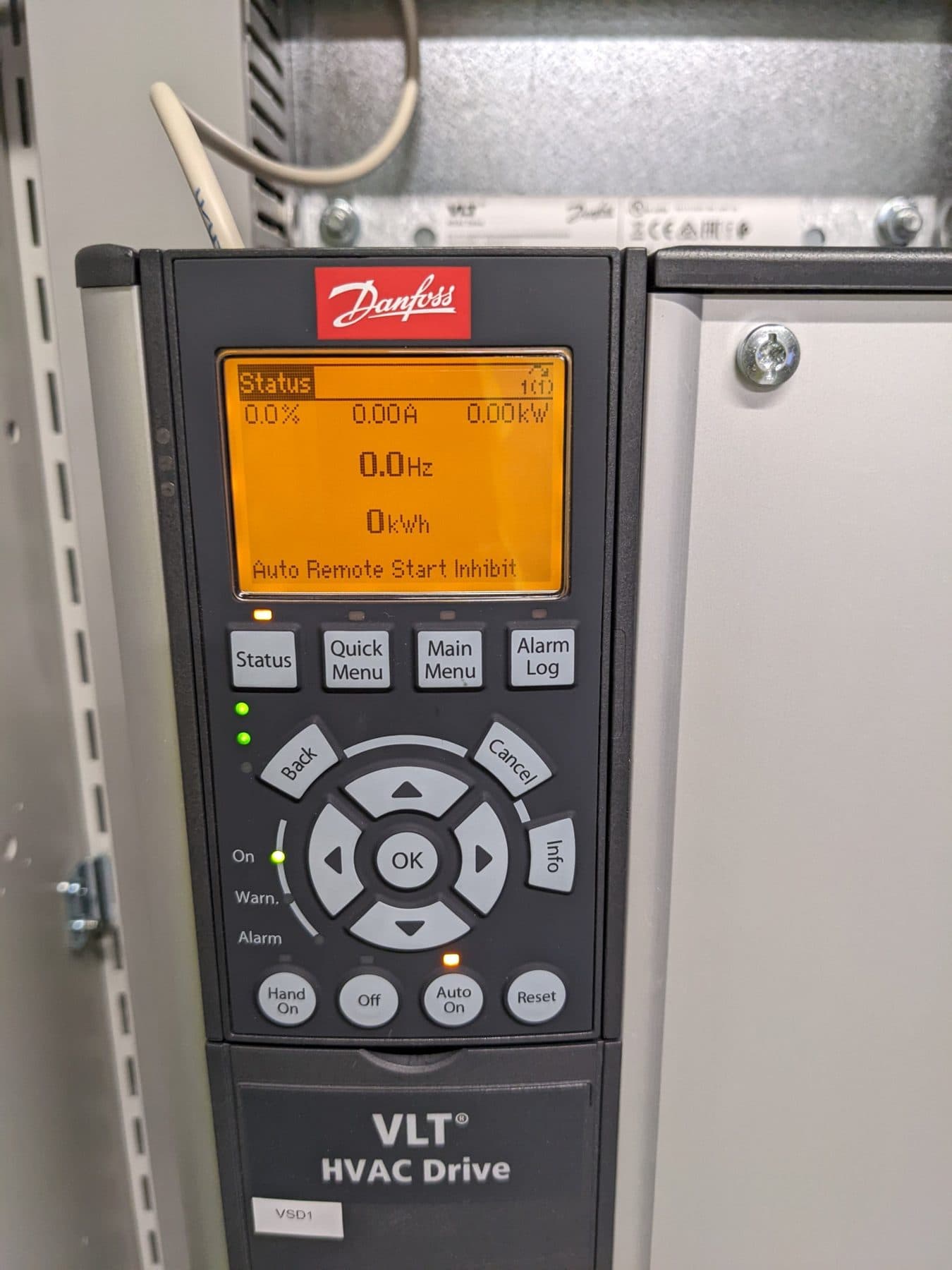 Danfoss VLT HVAC drive keypad showing status in auto mode